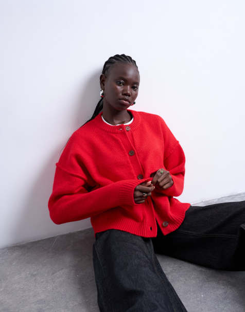 Topshop knitted exposed seam relaxed cardigan in red - view 1
