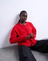 Topshop knitted exposed seam relaxed cardigan in red