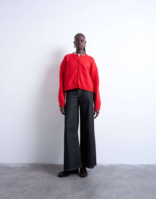 Topshop knit exposed seams relaxed cardigan in red