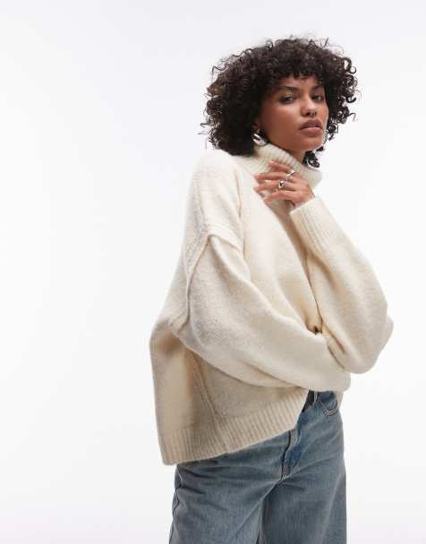 Topshop knitted exposed seam roll neck relaxed jumper in ivory - view 1