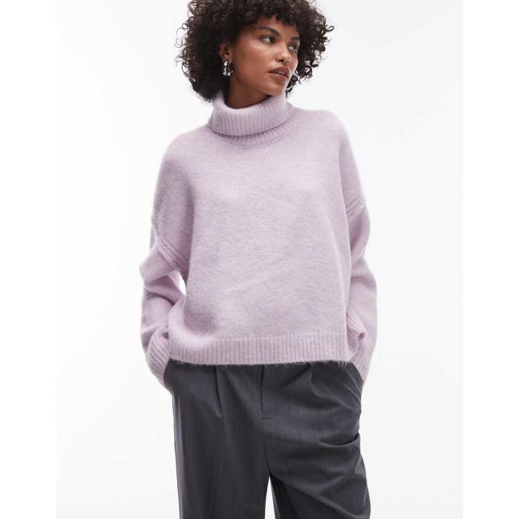 Topshop knitted exposed seam roll neck relaxed jumper in lilac