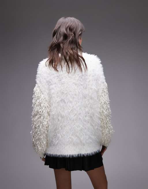 Topshop knitted extreme texture contrast oversized roll neck jumper in ivory, 4 of 4