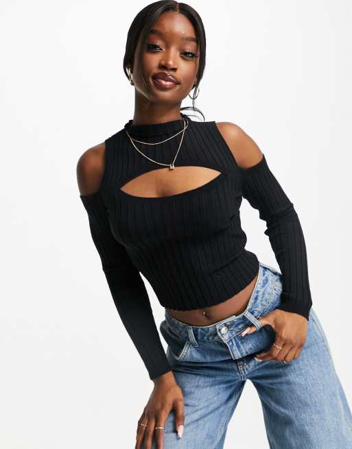 Cold shoulder store polo neck top