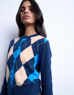 Topshop Women's Navy Knitted Fine Argyle Cardigan In
