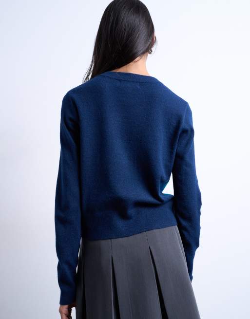 Topshop knitted fine argyle cardigan in navy, 3 of 4