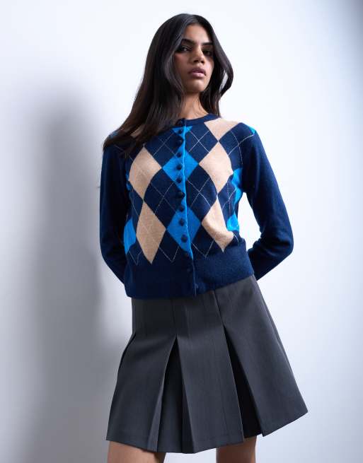 Topshop knitted fine argyle cardigan in navy, 4 of 4