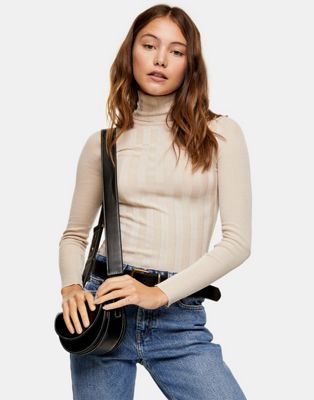 Topshop knitted fine gage rib roll neck in stone