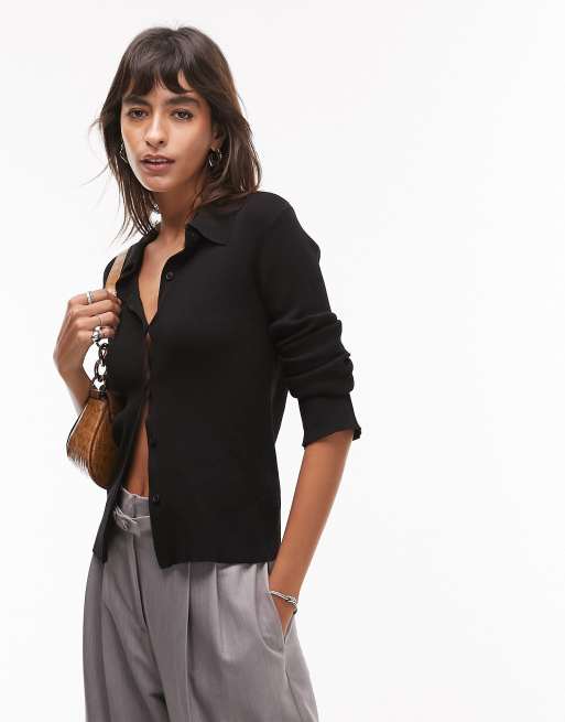 Topshop knitted fine gauge collar cardigan in black | ASOS