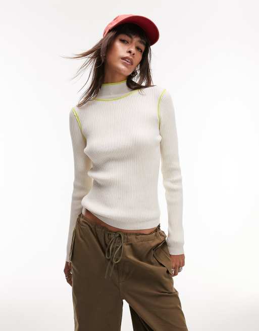 Topshop knitted fine gauge contrast trim long sleeve top in cream