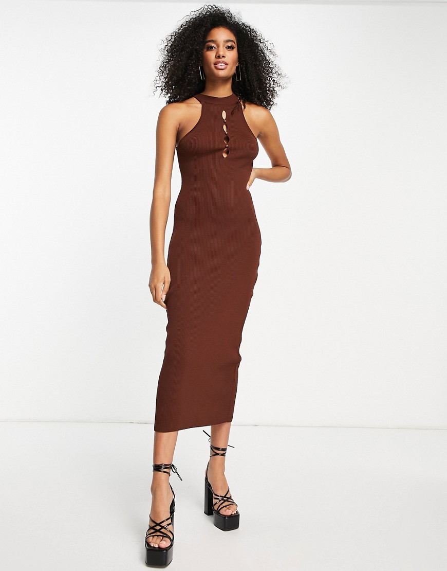 Topshop knitted fine gauge cut out detail dress in camel-Brown