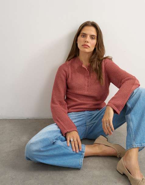 Topshop knitted fine gauge henley top in rust red - view 1