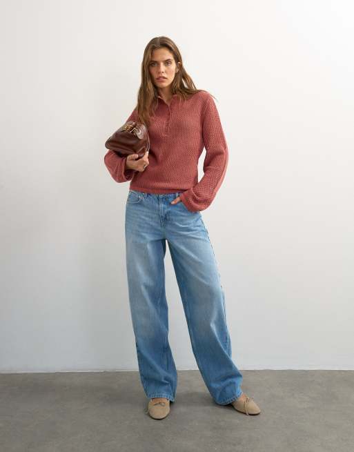 Topshop knitted fine gauge henley top in rust red, 4 of 4