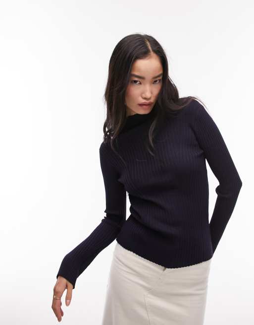 Topshop knitted fine gauge seam detail long sleeve top in navy