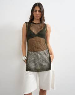 Model wearing Knitted fine hooded top in metallic khaki 