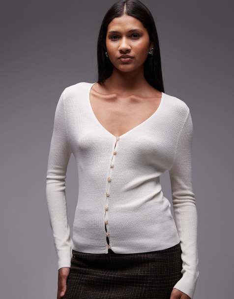 Topshop knitted fine rib cardigan in ivory - view 1