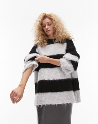 Topshop knitted fluffy bold stripe crew neck oversized jumper in mono