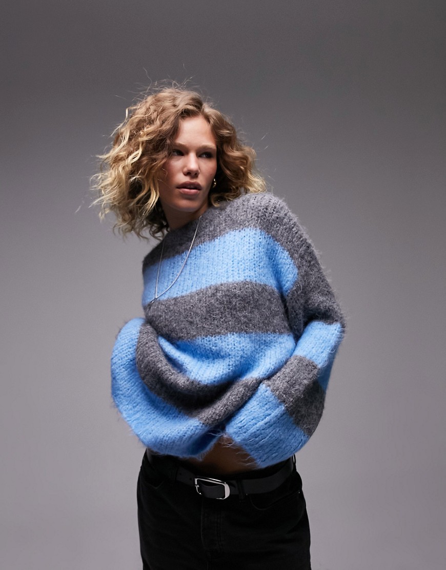 Topshop Knitted Fluffy Bold Stripe Crew Neck Oversized Sweater In Blue And Charcoal-multi