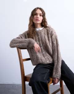 Knitted fluffy cable cardigan in oat