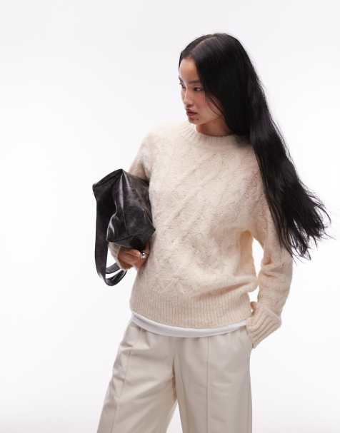 Topshop knitted fluffy cable crew relaxed jumper in cream - view 1