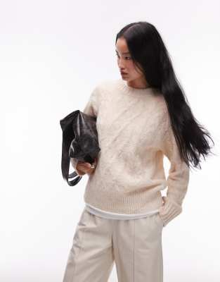 Topshop Knitted Fluffy Cable Crew Relaxed Sweater In Cream-white