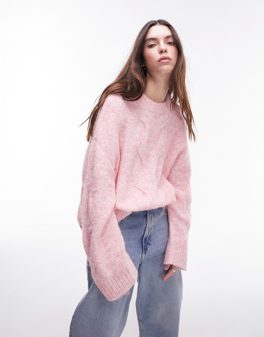 Topshop knitted fluffy cable front two tone jumper in pink