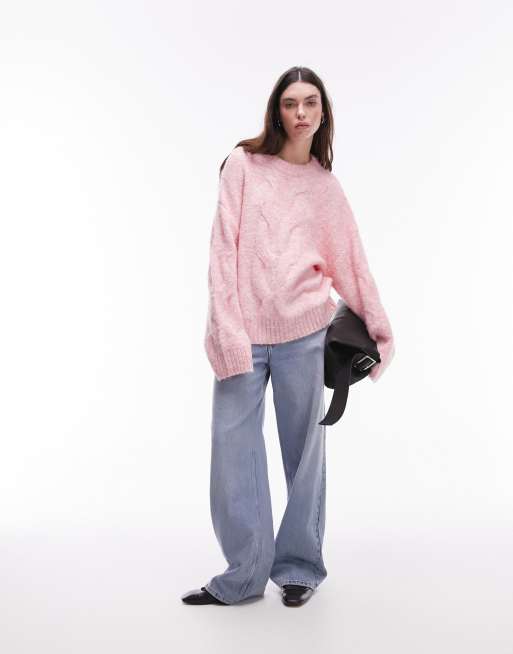 Topshop knitted fluffy cable front two tone jumper in pink ASOS
