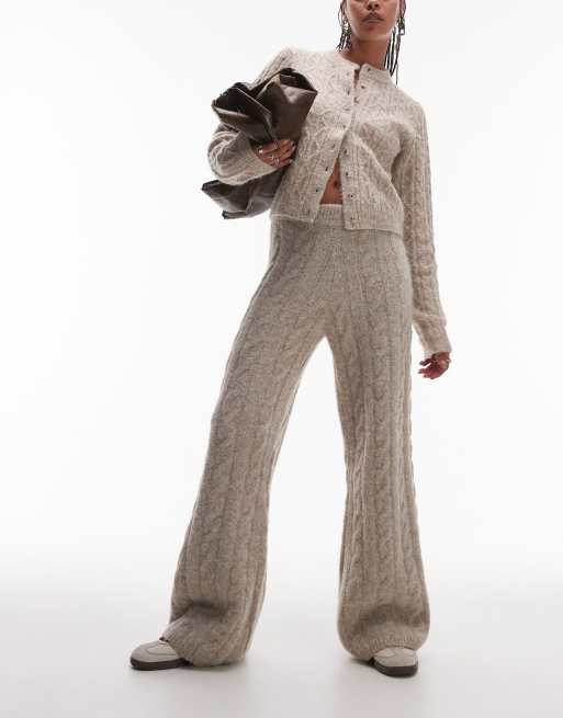 Topshop knitted fluffy cable pants in oat