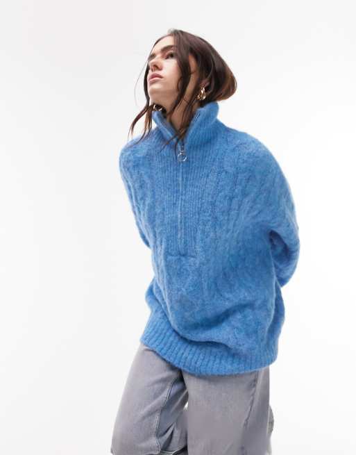  Topshop knitted fluffy cable zip front jumper in blue