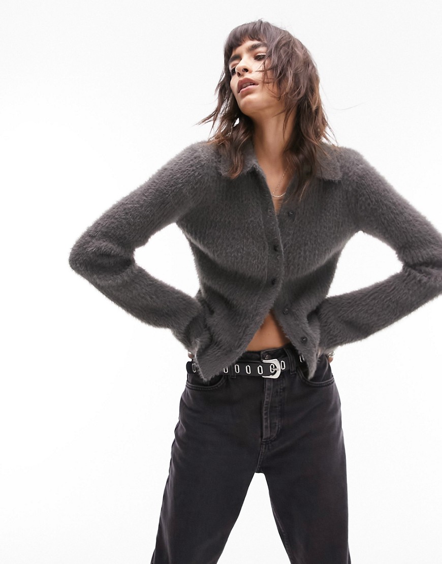 Topshop knitted fluffy collared shirt in charcoal-Grey
