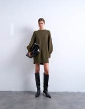 Topshop knitted fluffy crew mini dress in khaki