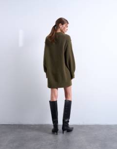 Model wearing Knitted fluffy crew mini dress in khaki