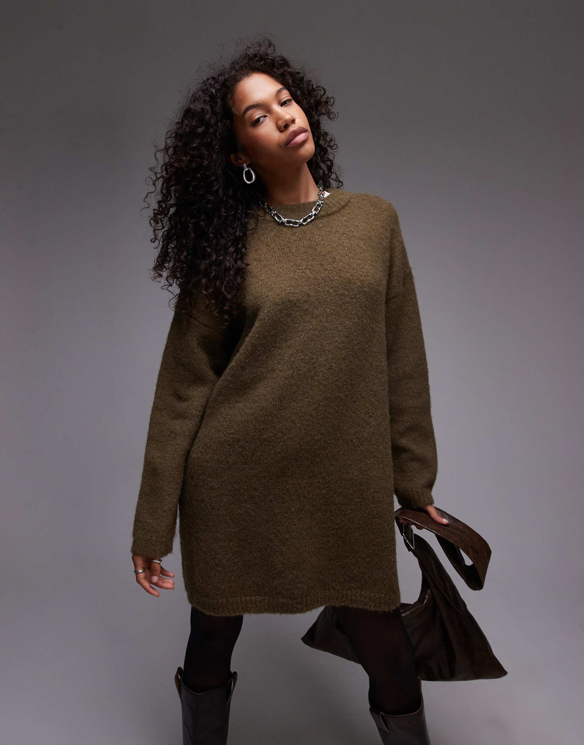 topshop knitted fluffy crew oversized dress in khaki