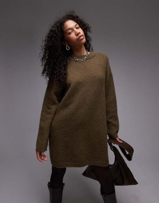 Topshop Knitted Fluffy Crew Oversized Dress in khaki Green