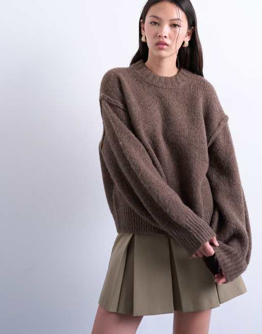 Topshop knitted fluffy exposed seam easy jumper in brown