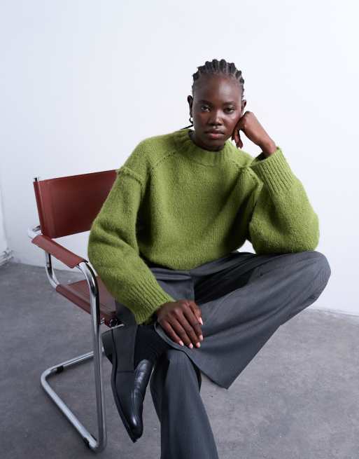 Topshop knitted fluffy exposed seam easy jumper in green