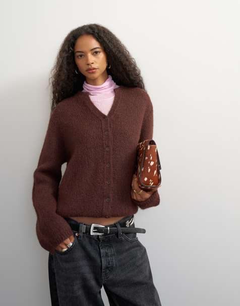 Topshop knitted fluffy eyelash cardigan in chocolate - view 1