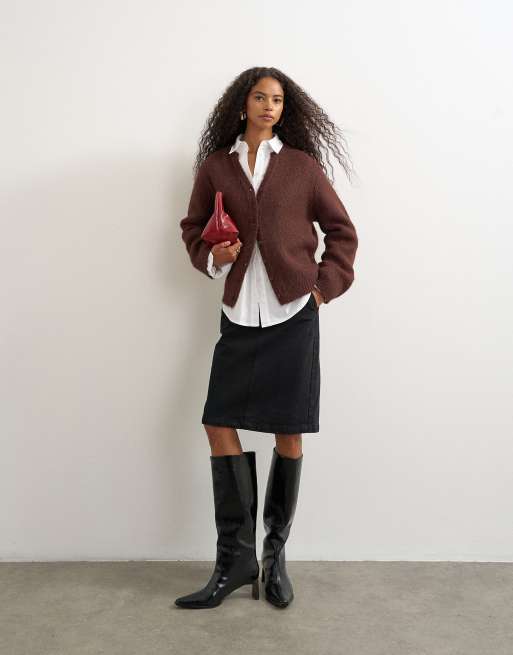 Topshop knitted fluffy eyelash cardigan in chocolate, 2 of 4