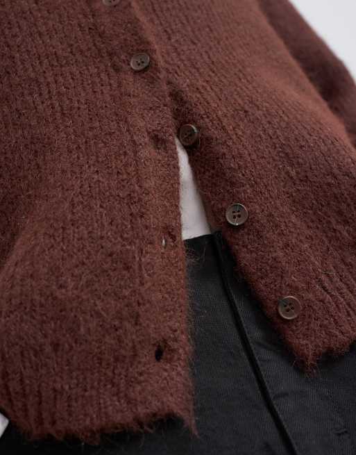 Topshop knitted fluffy eyelash cardigan in chocolate, 3 of 4