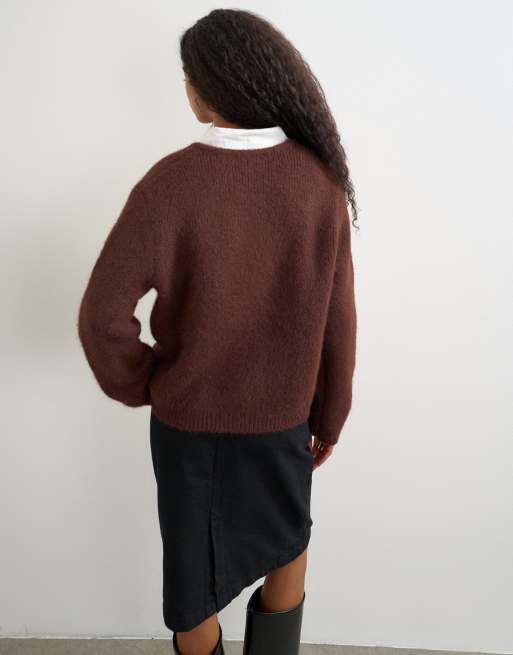 Topshop knitted fluffy eyelash cardigan in chocolate, 4 of 4