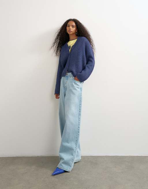 Topshop knitted fluffy eyelash cardigan in navy, 2 of 4