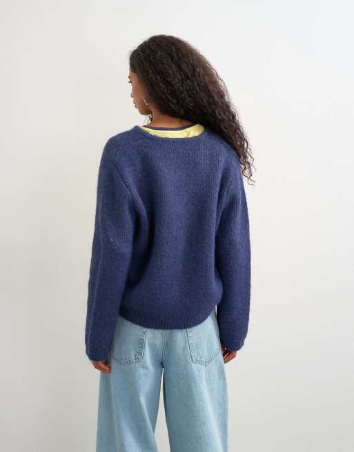 Topshop knitted fluffy eyelash cardigan in navy, 3 of 4