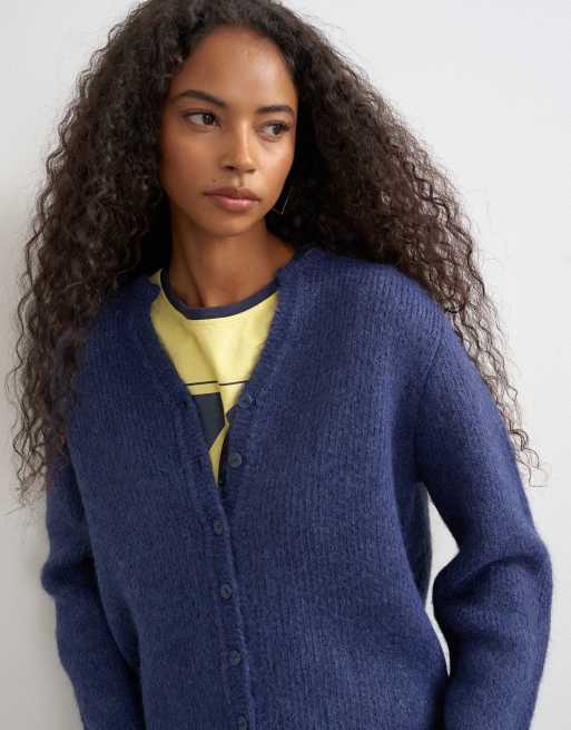 Topshop knitted fluffy eyelash cardigan in navy, 4 of 4