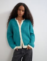 Topshop knitted fluffy eyelash cardigan in teal with tipping detail