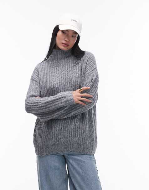 Topshop knitted fluffy high neck oversized jumper in grey - view 1