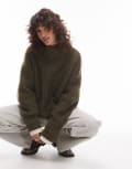 [Topshop] Topshop knitted fluffy high neck oversized jumper in khaki-Green XS KHAKI