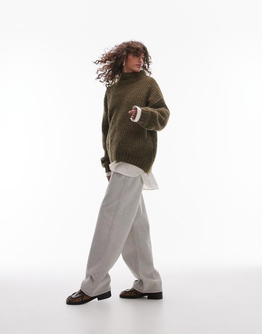 Topshop knitted fluffy high neck oversized jumper in khaki