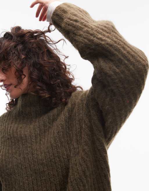 Topshop knitted fluffy high neck oversized jumper in khaki