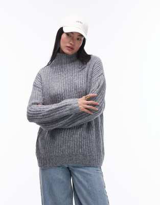 Topshop Knitted Fluffy High Neck Oversized Sweater In Gray