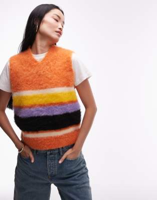 Topshop Knitted Fluffy High V Bright Stripe Tank In Multi