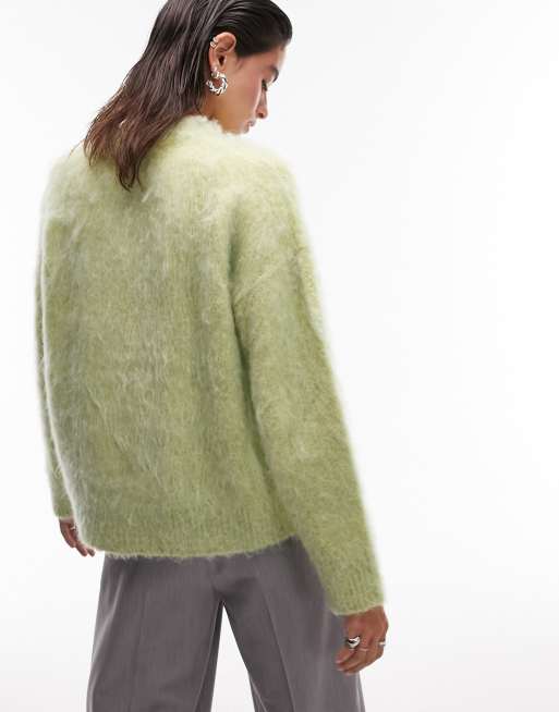 Topshop knitted fluffy jumper in green